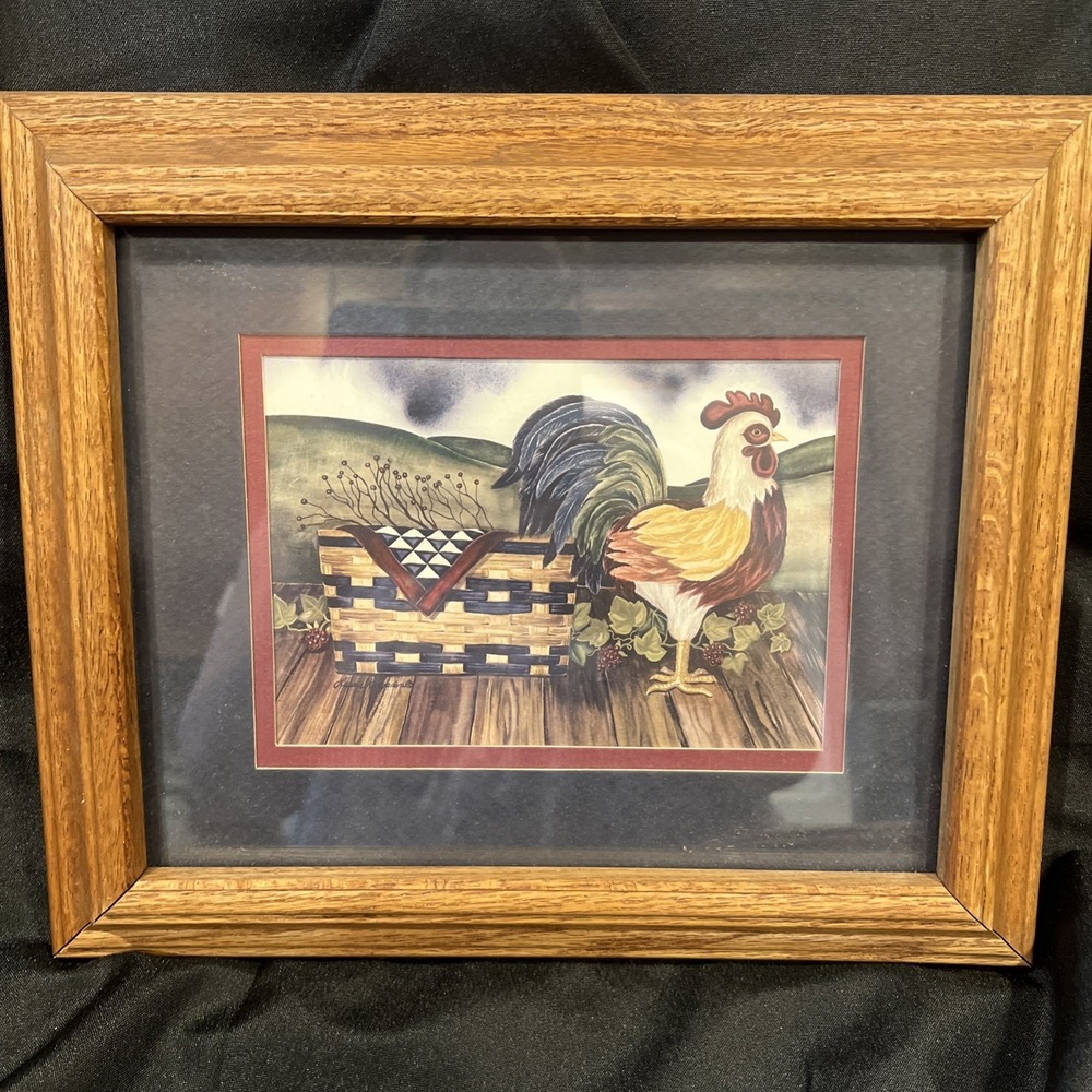 Vintage ROOSTER PICTURE COUNTRY BASKET Farmhouse KORSGADEN MATTED FRAMED 8X10